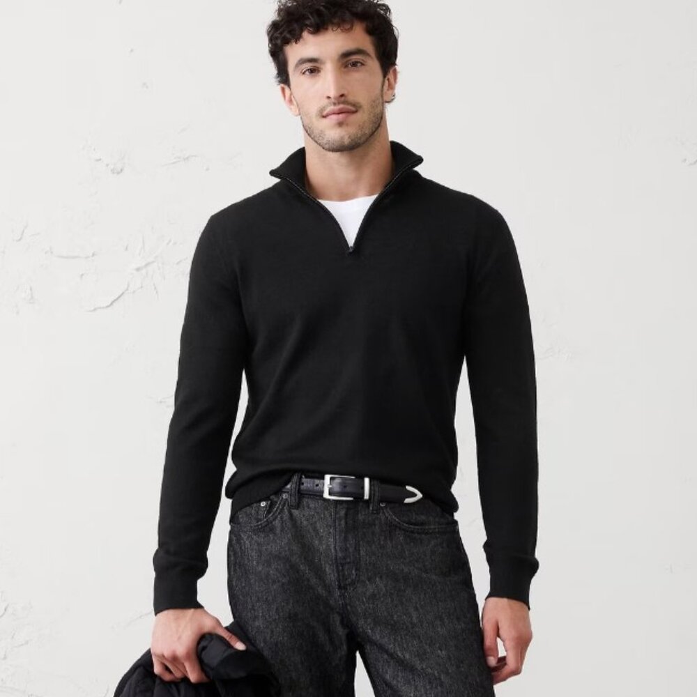 Banana Republic Men's Black Half-Zip Extra Fine Merino Wool Sweater, size S